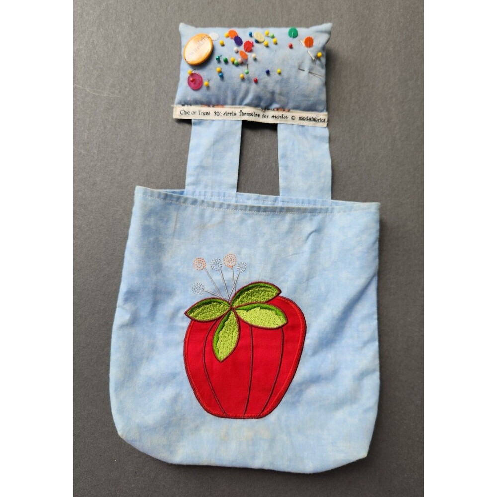 Handmade Denim Tote Bag Strawberry Applique Quilting Sewing Project Pincushion